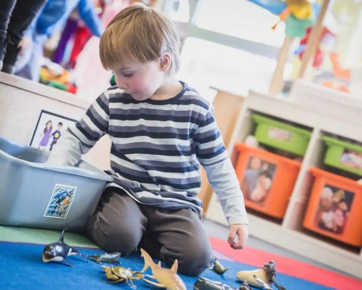 Petit garçon qui joue avec des jouets dans un bac