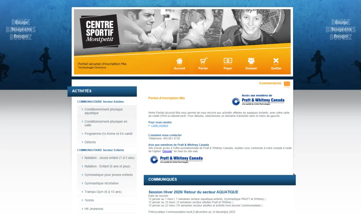 Aperçu de la page d'accueil du site d'inscription du Centre sportif